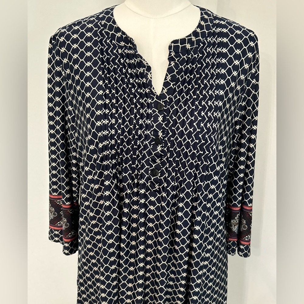 Reborn Midi Dress Button & Pleated Neckline 3/4 Sleeves Navy w/Pop of Color